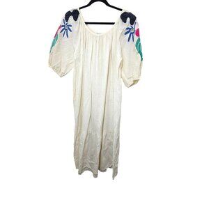 VTG Appel Embroidered Peasant Midi Y2k 90s Dress Cream Floral Puff Sleeve M
